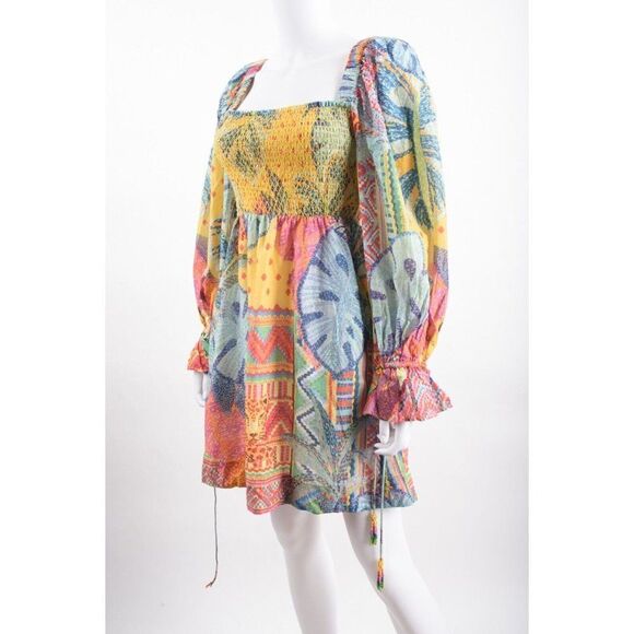 Farm Rio Womens Summer Tapestry Mini Dress XS Blouson sleeves Multicolor Smocked - Picture 5 of 7